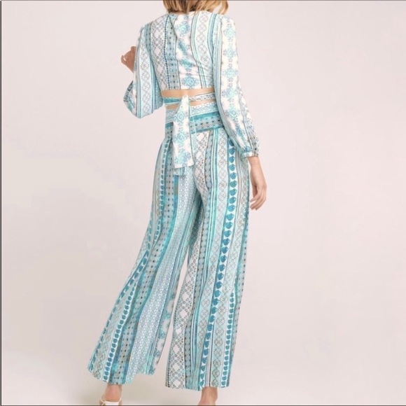 Zhu Ulma Minty Green Geo Paisley Print Crop Top Pant Set SzXS Wide Leg Side Wrap - Picture 5 of 16